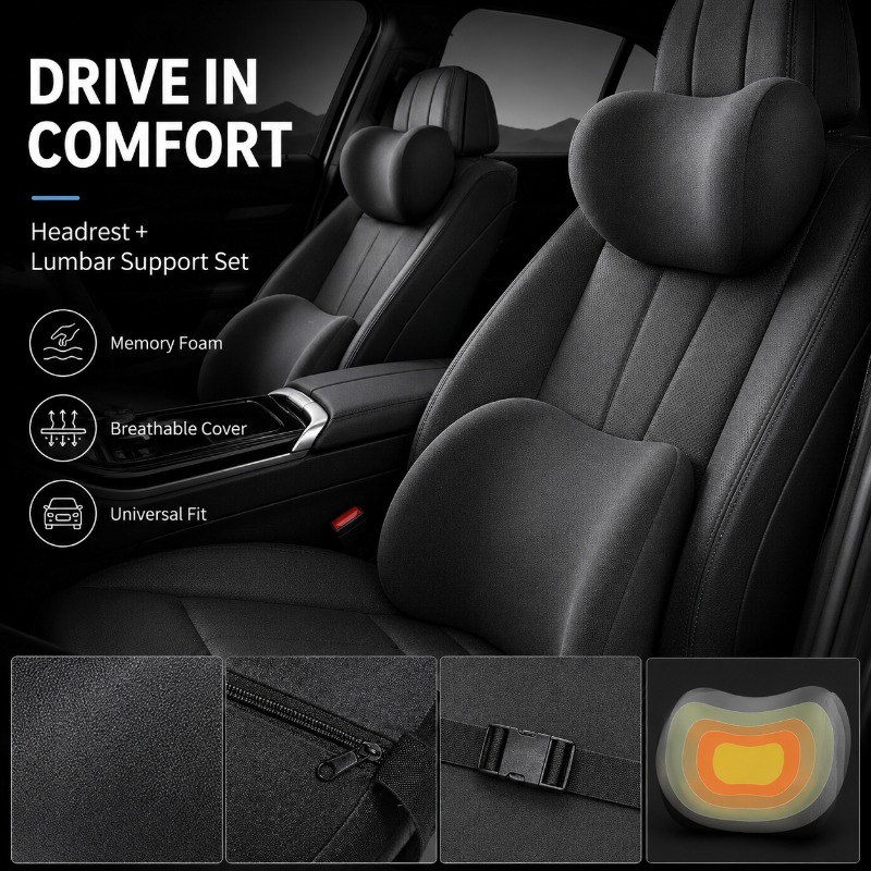 Set Bantal Leher Sandaran Kepa - Memory Foam Car Neck Pillow Lumbar Support ulasan dan harga
