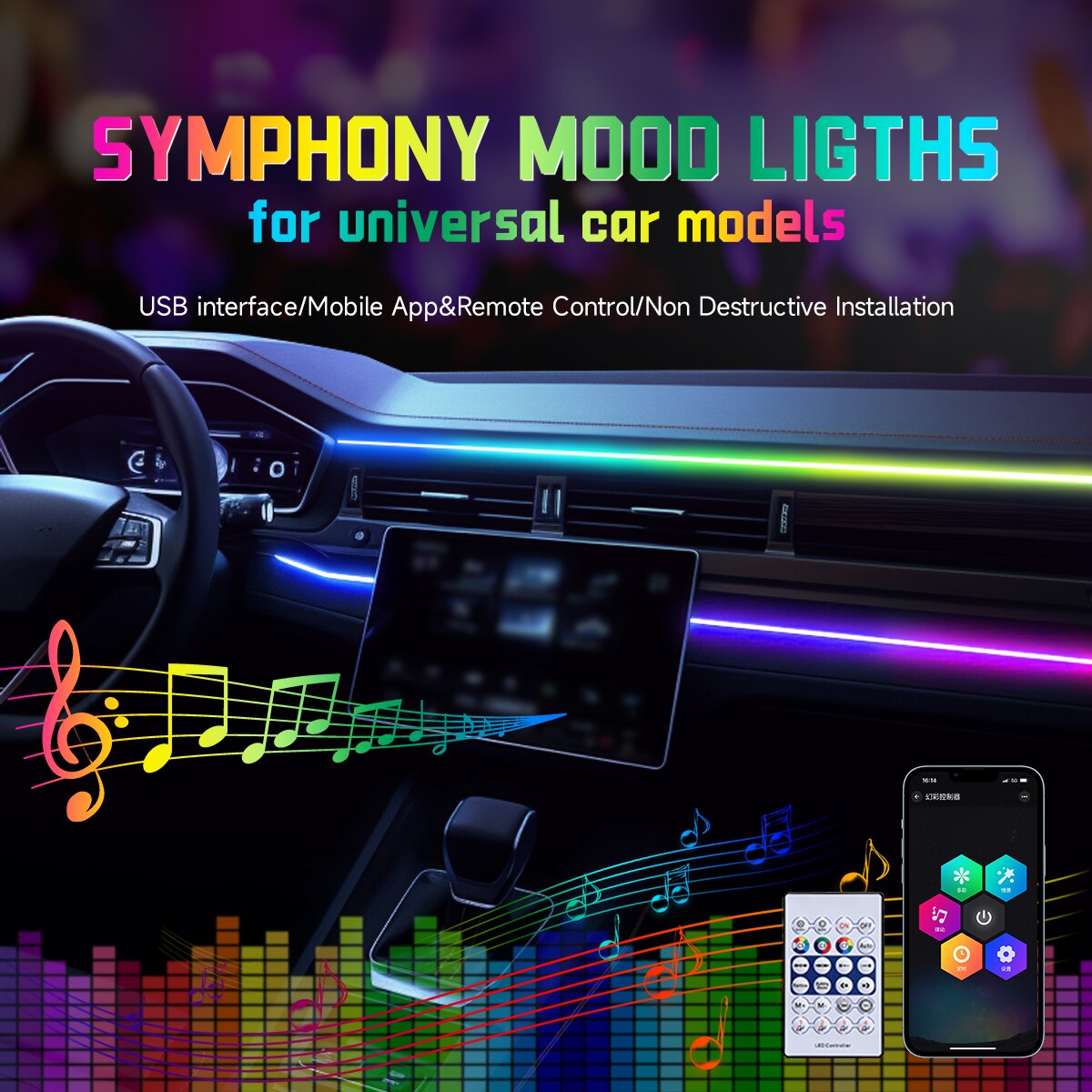 Lampu LED mobil USB 64 warna,  - Led Ambient Interior Car Lights App Control ulasan dan harga